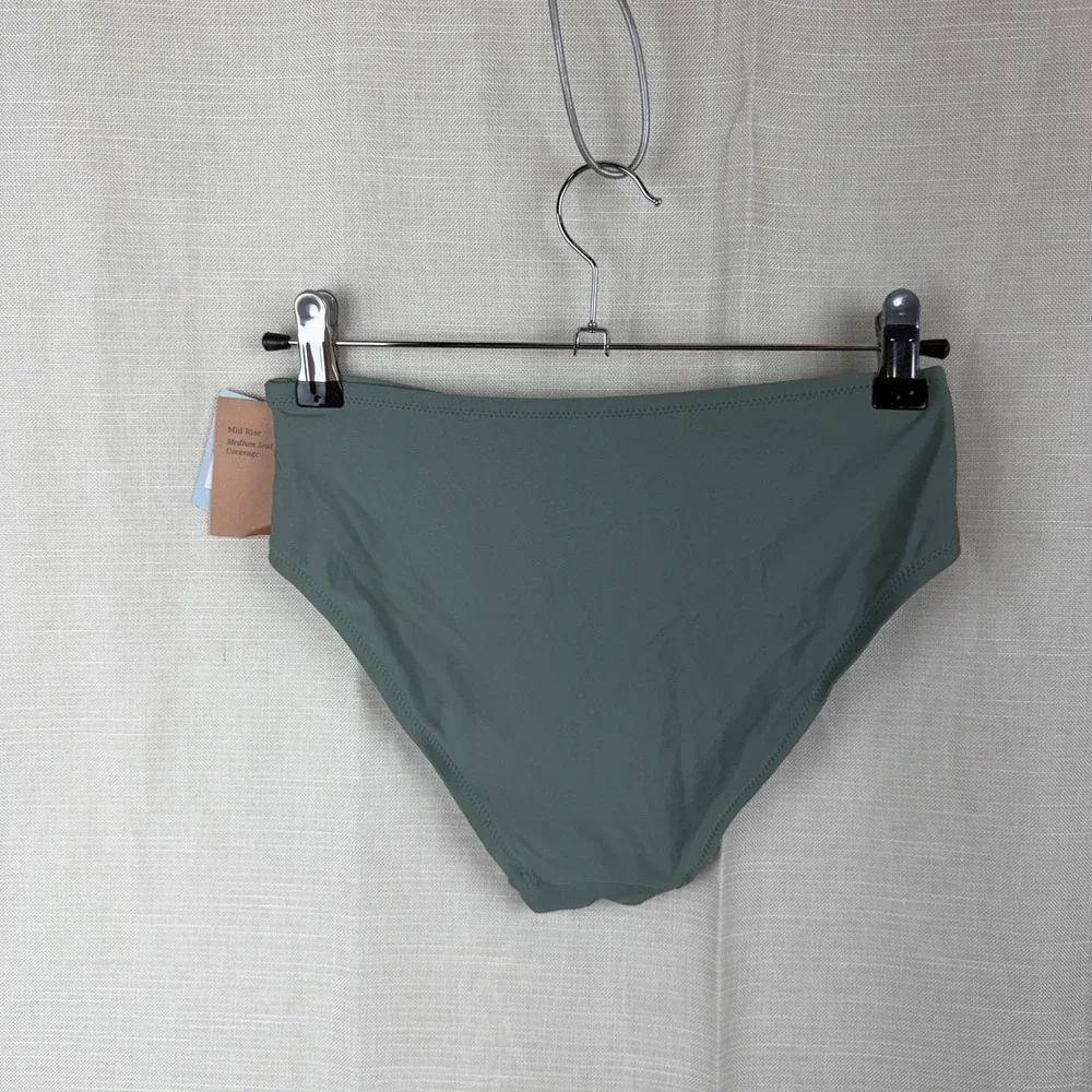 Shade & Shore Bikini Bottom Womens XS Green Mid Rise Pleated Medium Coverage New